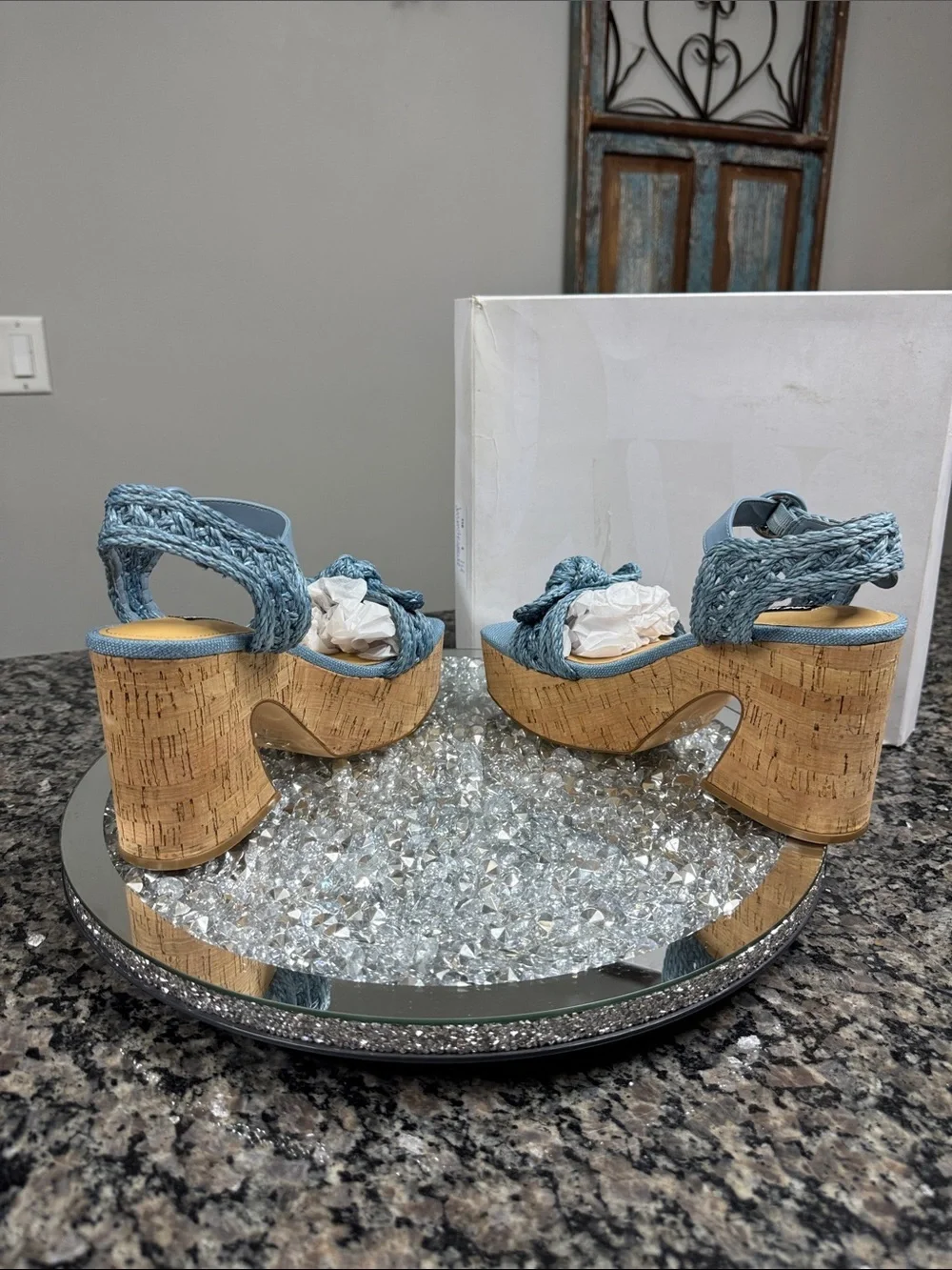 Nine West Comiele Light Blue Braided Cork Platform Sandals NEW 8.5